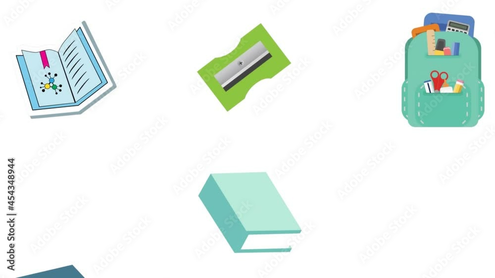 Animation of rows of school items bouncing on white background Animation of rows of school items bouncing on white background