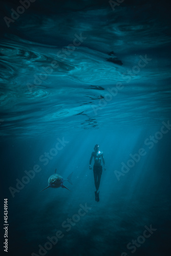 Freediving boy swims with a shark in the ocean