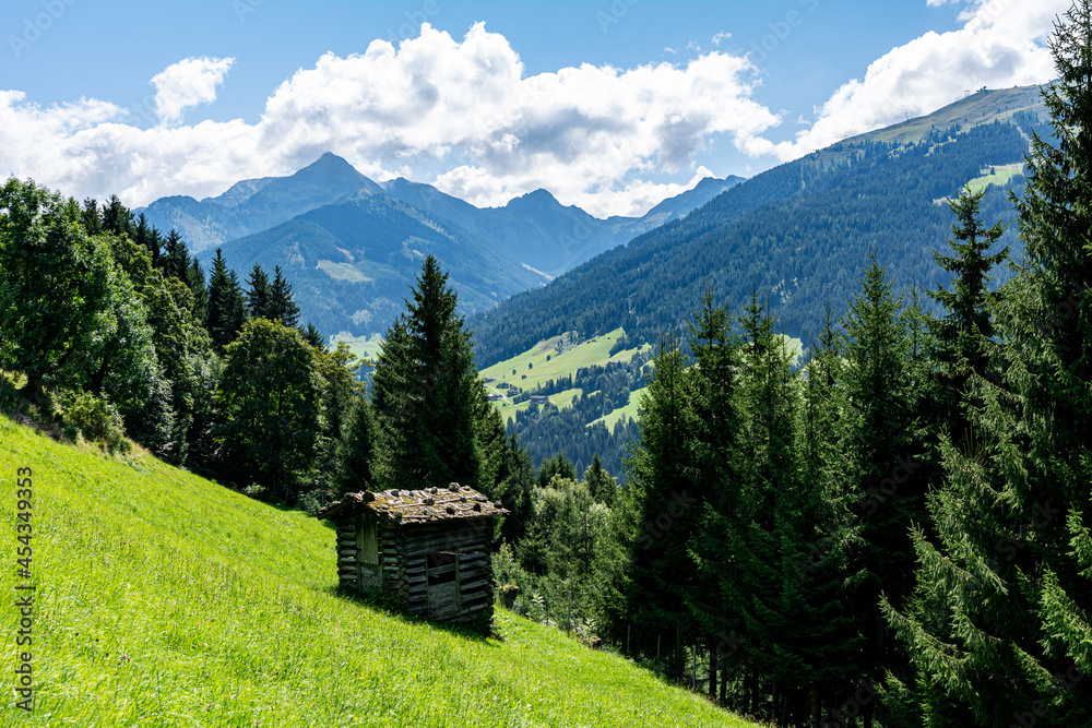 Traditional hay barn on a green meadow in the Tyrolian Alps in Austria on a sunny summer day