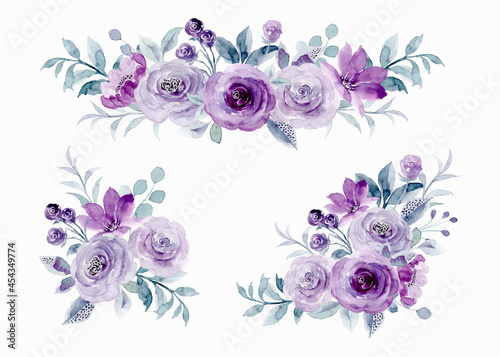 Purple rose flower arrangement collection with watercolor