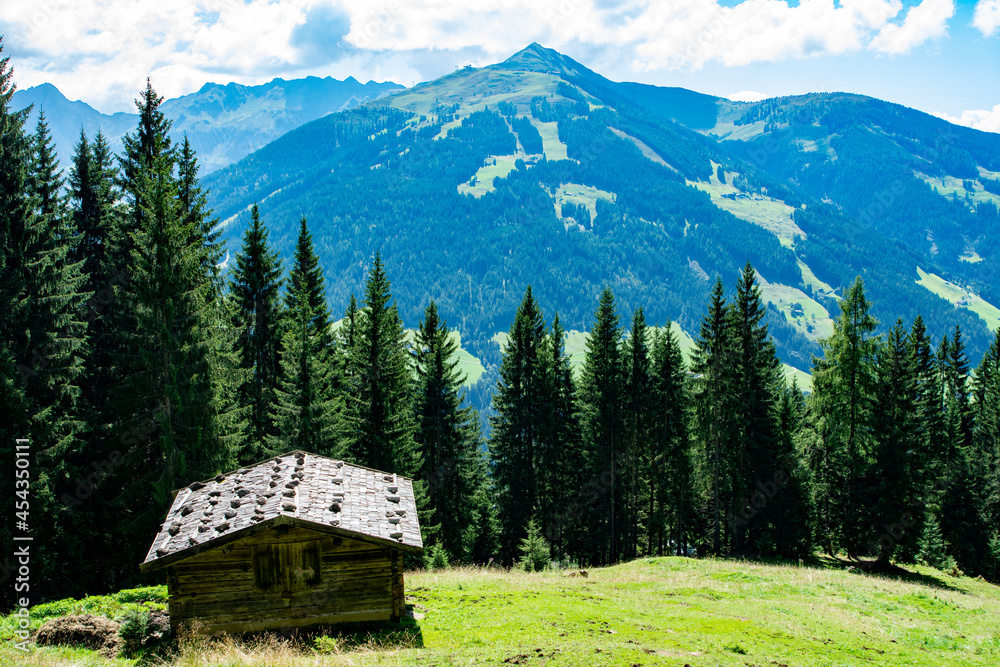 Traditional hay barn on a green meadow in the Tyrolian Alps in Austria on a sunny summer day