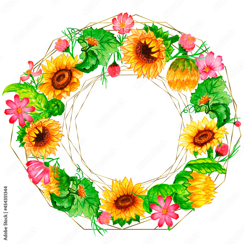 Obraz premium Watercolor frame sunflower autumn.Watercolor sunflowers and butterflies, hand drawn floral illustration Card with space for text wedding, invitation, template card Golden frames and baskets.