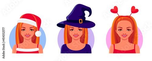 Redhead smiling girls wearing masquerade costumes for Christmas, Halloween and Valentine's Day. Avatar faces of women with long hair. Set of vector colorful illustrations