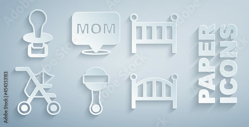 Set Rattle baby toy, Baby crib cradle bed, stroller, Speech bubble mom and dummy pacifier icon. Vector