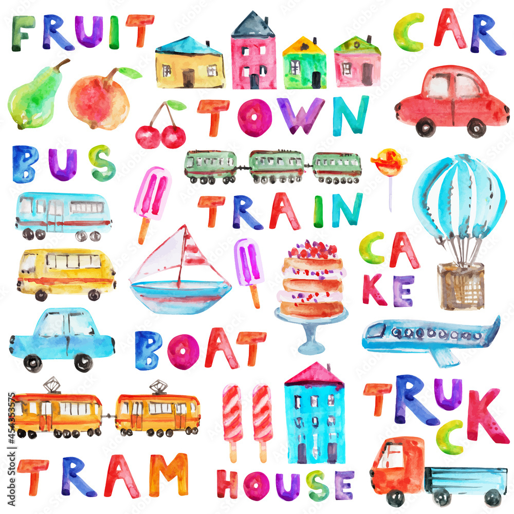 Hand drawn watercolor icons set with lettering Hand drawn watercolor icons set with lettering