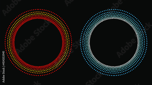 New Year, Christmas round snow frames. Set of winter dotty abstract backgrounds, border templates with empty space for text. Circle, ring shapes made of spots, dots, tiny beads, blots, snowflakes.