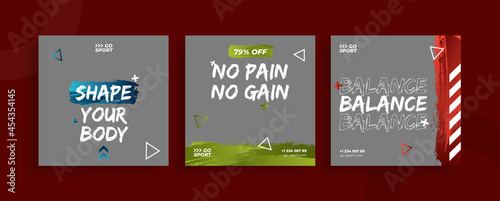 Set of editable templates for Instagram post, Facebook square, social media, gym, sport, advertisement, and business promotion, fresh design with red green blue color and minimalist vector (1/3)