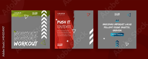 Set of editable templates for Instagram post, Facebook square, social media, gym, sport, advertisement, and business promotion, fresh design with red green blue color and minimalist vector (3/3)