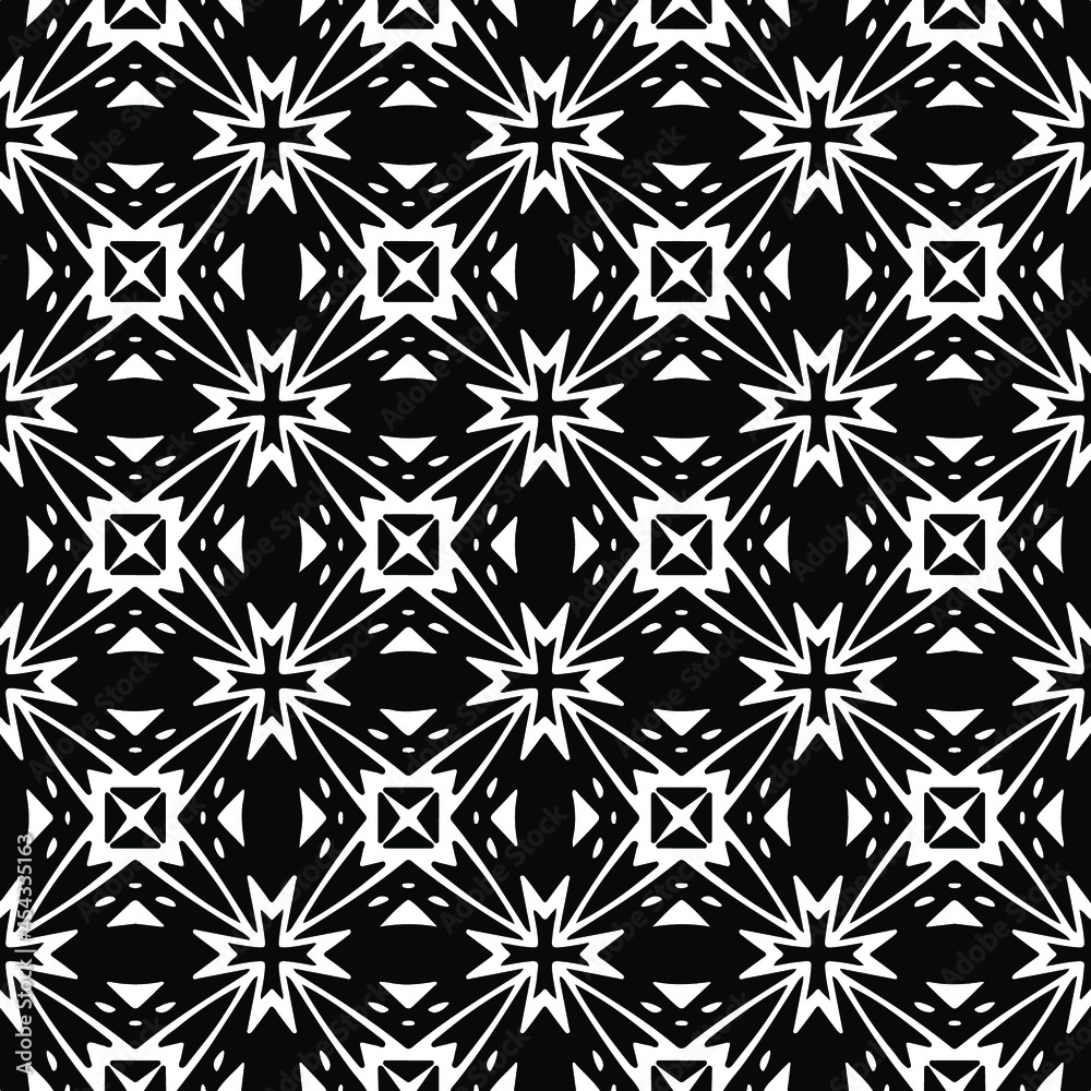 Flower geometric pattern. Seamless vector background. White and black ornament. Ornament for fabric, wallpaper, packaging. Decorative print Flower geometric pattern. Seamless vector background. White and black ornament. Ornament for fabric, wallpaper, packaging. Decorative print