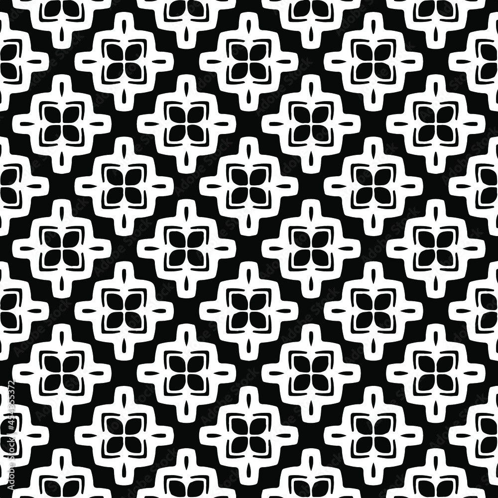 Flower geometric pattern. Seamless vector background. White and black ornament. Ornament for fabric, wallpaper, packaging. Decorative print Flower geometric pattern. Seamless vector background. White and black ornament. Ornament for fabric, wallpaper, packaging. Decorative print