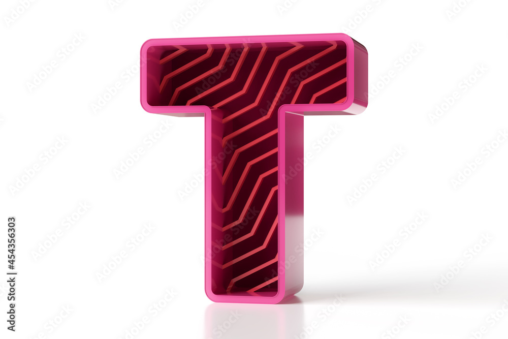 3D glossy letter T with zigzag decorative pattern lines. Tech style typography collection. High resolution 3D rendering. 3D glossy letter T with zigzag decorative pattern lines. Tech style typography collection. High resolution 3D rendering.