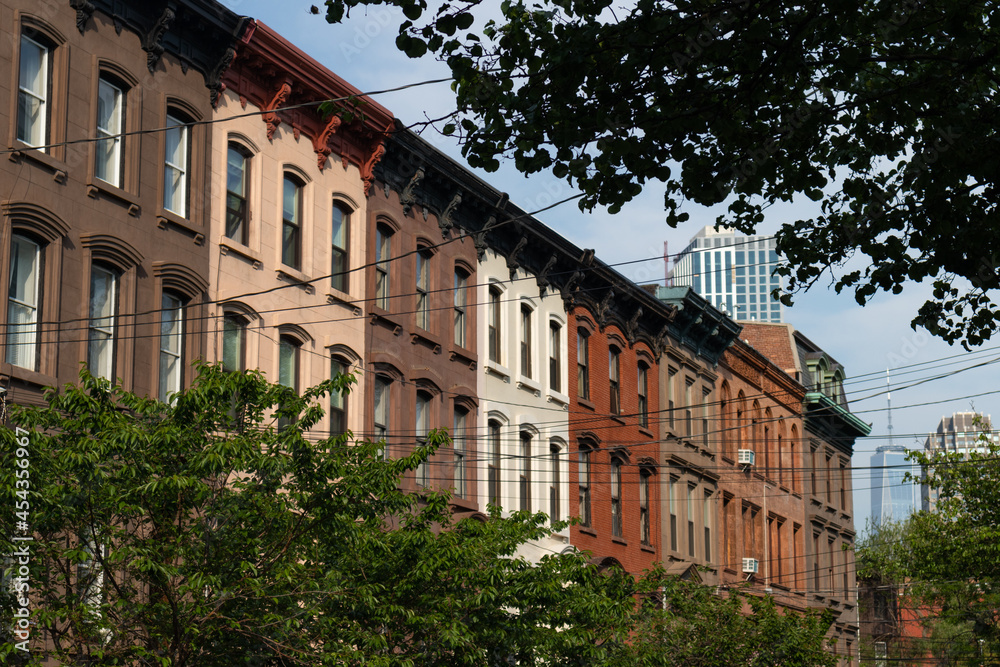 Row of Colorful Old Brownstone Homes in Jersey City New Jersey