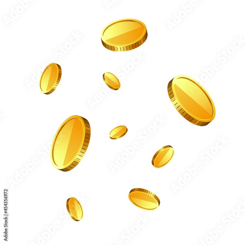  a lot of coins falling from the top, Realistic gold Isolated on white background.