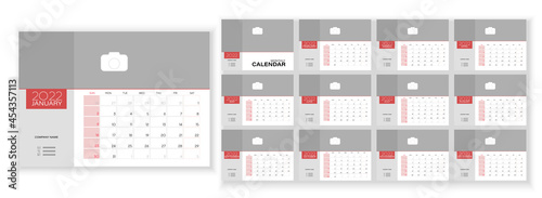 Desktop Monthly Photo Calendar 2022. Simple monthly horizontal photo calendar Layout for 2022 year in English. Cover Calendar and 12 months templates. Week starts from Sunday. Vector illustration
