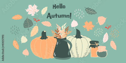 Hello Autumn! Pumpkins, fall leaves, berries, jam and jug with branches on green background. Vector illustration. Ideal for card or poster