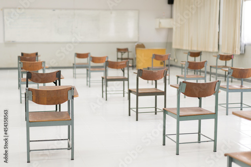 Empty classroom without students due to COVID-19 pandemic and schools being closed. Back to school concept.. © EduLife Photos