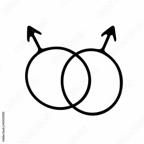 Doodle gender symbol. Two crossed symbols of Mars. Outline male sign isolated on white background. Men love combinations. Sketch LGBT, gay, pride, bisexual icons. Vector line illustration