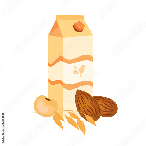 Vegan plant milk pack icon vector. Almonds, oat, soybean and carton of milk vector. Box of vegetable milk icon isolated on a white background. Plant based milk vector