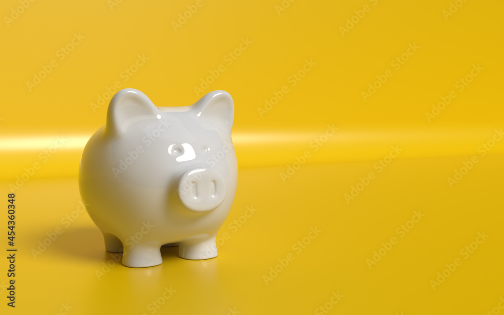 White piggy bank on yellow background - 3D render illustration - Business and finance concept White piggy bank on yellow background - 3D render illustration - Business and finance concept