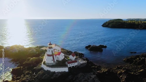 Aerial panoramic footage of Head Harbour Lightstation, drone view of Campobello Island, New Brunswick, Canada