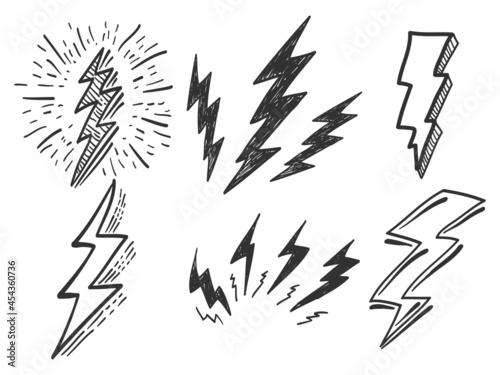 Set of electric lightning, thunder bolt in doodle style. isolated on white background. vector illustration