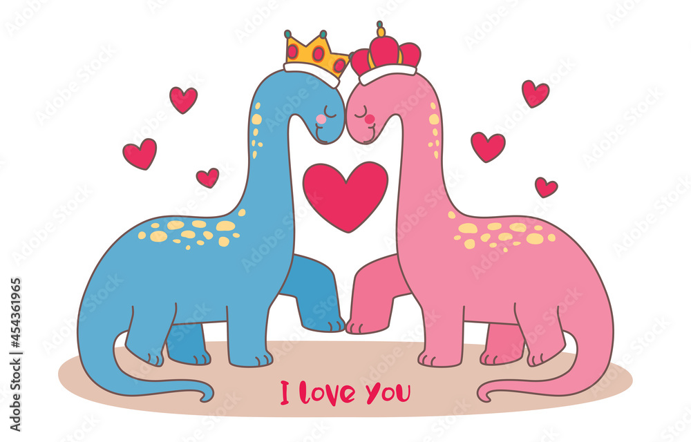 Cute King And Queen Dinosaur With Crown Are Falling In Love