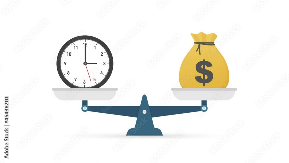 Time is money on scales icon. Money and time balance on scale. Motion graphics Time is money on scales icon. Money and time balance on scale. Motion graphics