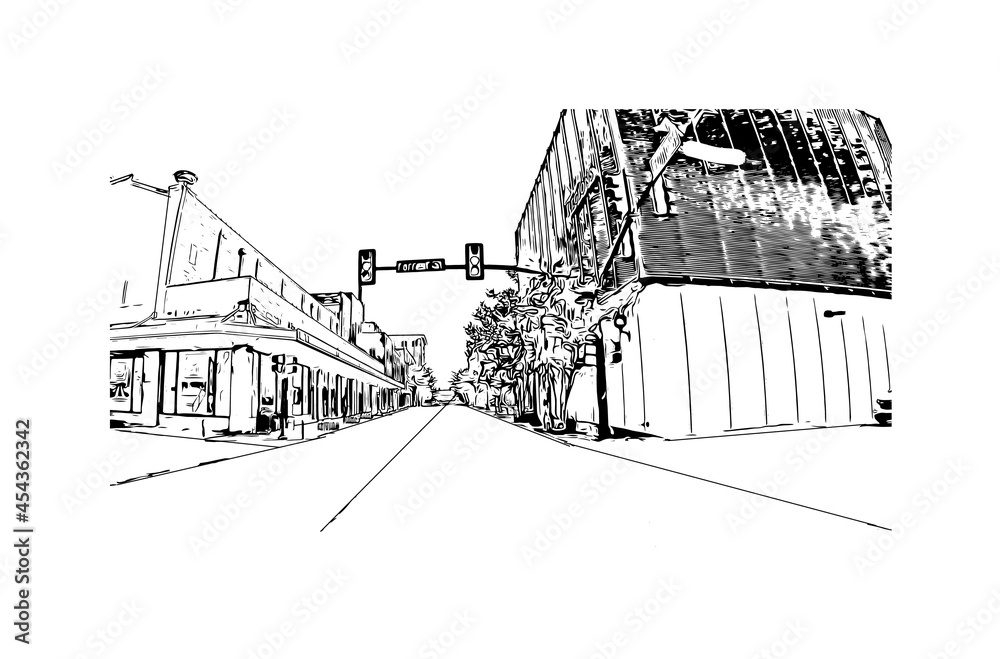 Building view with landmark of Hattiesburg is the
city in Mississippi. Hand drawn sketch illustration in vector.