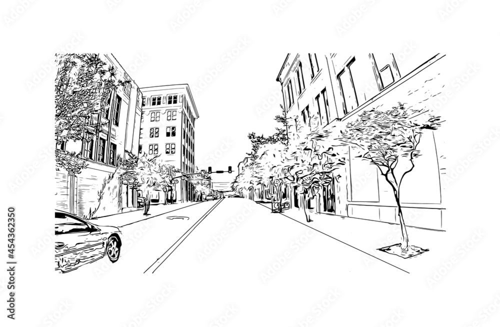 Building view with landmark of Hattiesburg is the 
city in Mississippi. Hand drawn sketch illustration in vector.