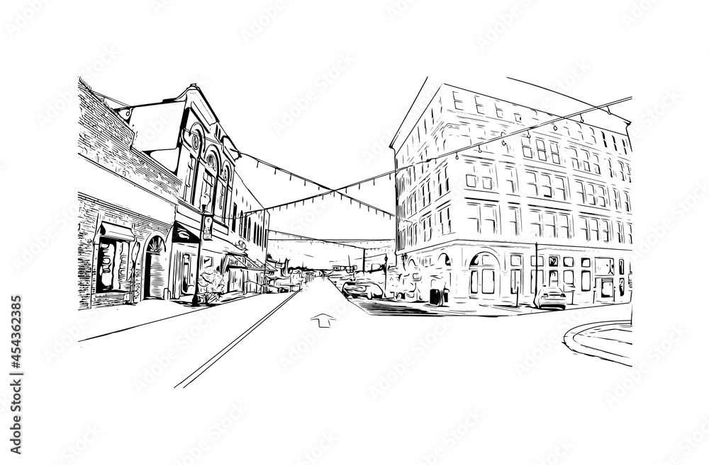 Obraz premium Building view with landmark of Hattiesburg is the city in Mississippi. Hand drawn sketch illustration in vector.
