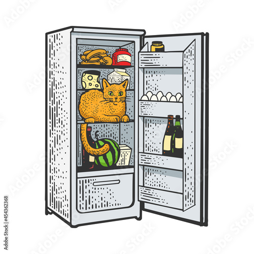 cat in the fridge with food color sketch engraving vector illustration. T-shirt apparel print design. Scratch board imitation. Black and white hand drawn image.