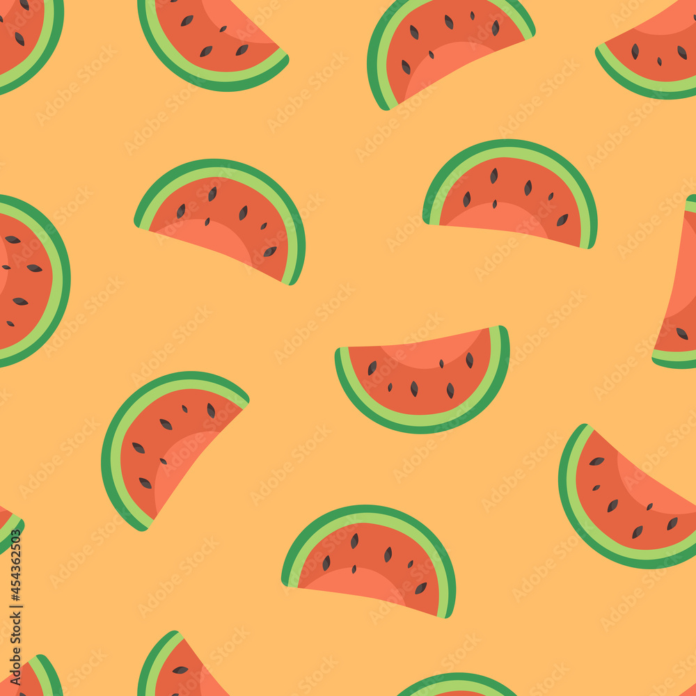 Watermelon seamless pattern. Hand-drawn slices of watermelon on a orange background. Vector pattern.
