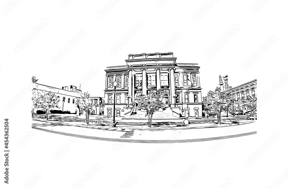 Building view with landmark of Hattiesburg is the
city in Mississippi. Hand drawn sketch illustration in vector.