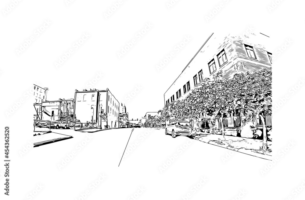 Building view with landmark of Hattiesburg is the 
city in Mississippi. Hand drawn sketch illustration in vector.