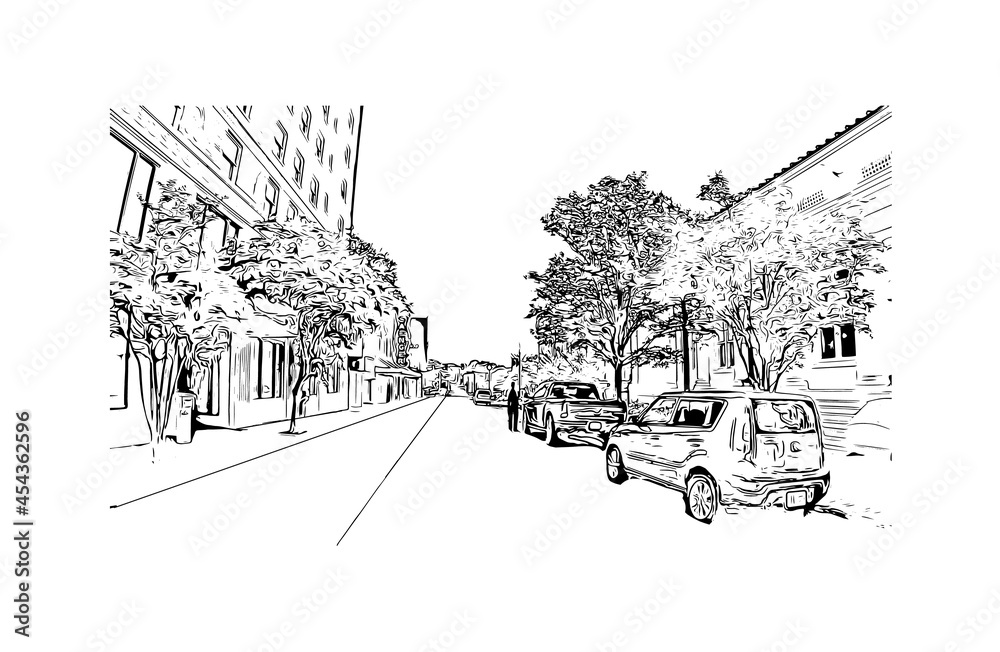 Building view with landmark of Hattiesburg is the
city in Mississippi. Hand drawn sketch illustration in vector.