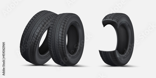 Cross section of the tire. Collection of highly detailed tires. Set of 3 wheels.