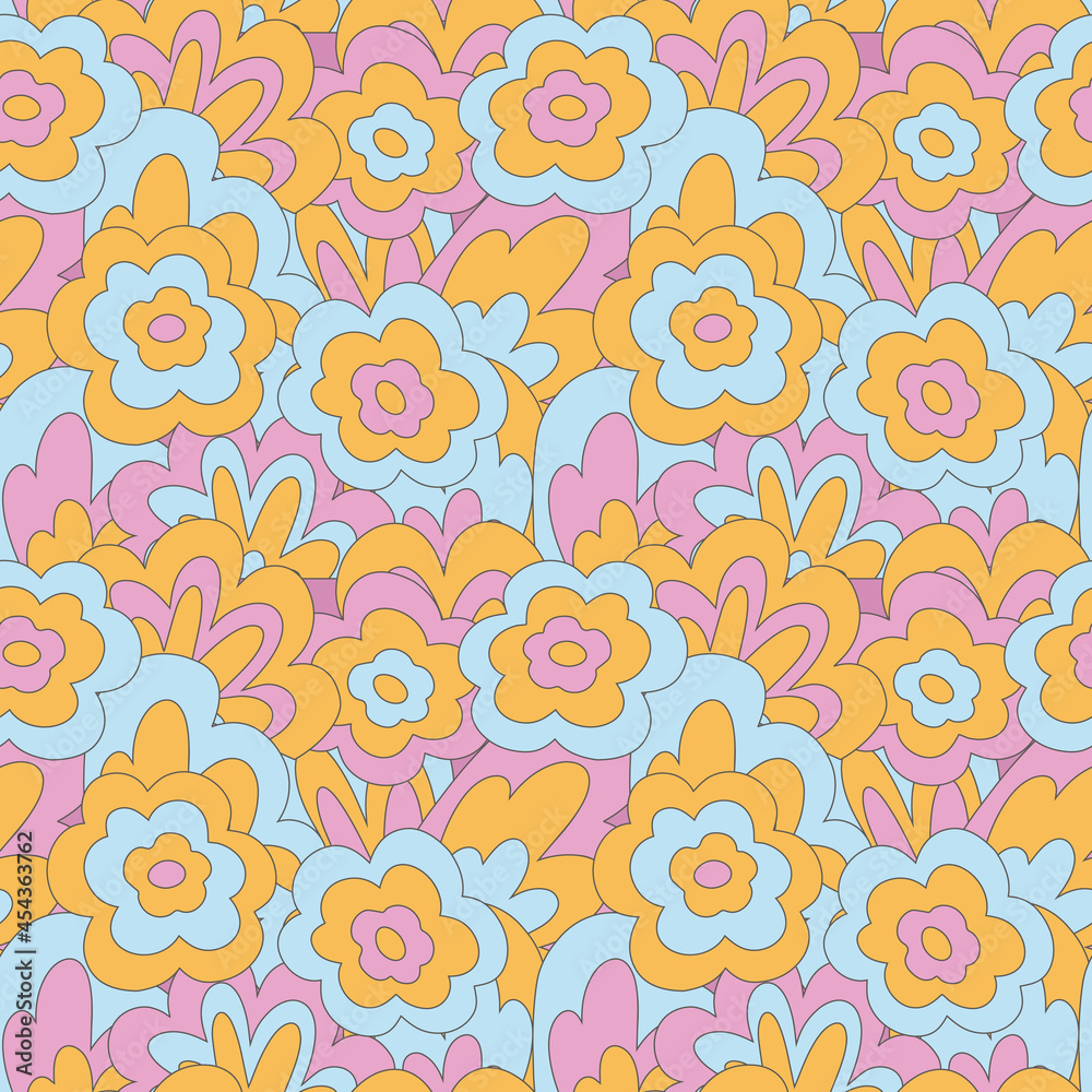 groove seamless pattern in 70s style - flowers, leaves, waves, shapes.A faded palette of hippie music festivals.Old textile with botanical ornament.Indie kid and summer of love.Autumn warm cottagecore