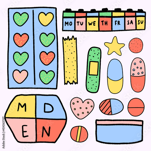 vector set of medicines -  pills, drops, medicine, vitamins,nutrients, tablet case.Treat colds and flu as directed by your doctor.Isolated for presentation, teaching, students, scientific resource