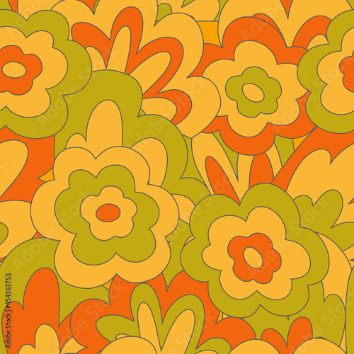 groove seamless pattern in 70s style - flowers, leaves, waves, shapes.A faded palette of hippie music festivals.Old textile with botanical ornament.Autumn cottagecore.Palette ocher, cinnamon, warm