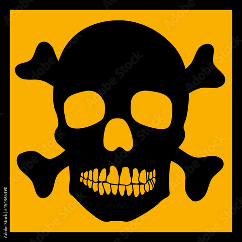 Human skull skeleton. Vector pictogramon orange background. Death warning.