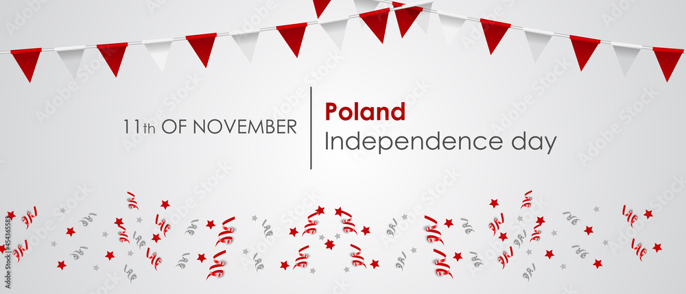 Poland Independence Day, banner, vector illustration. Realistic flags and ribbons with the colors of the flag of Poland