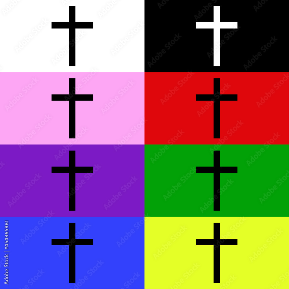 Latin cross sign. Set of Christian symbol on a liturgical colors background. Isolated objects of black color. Vector illustration