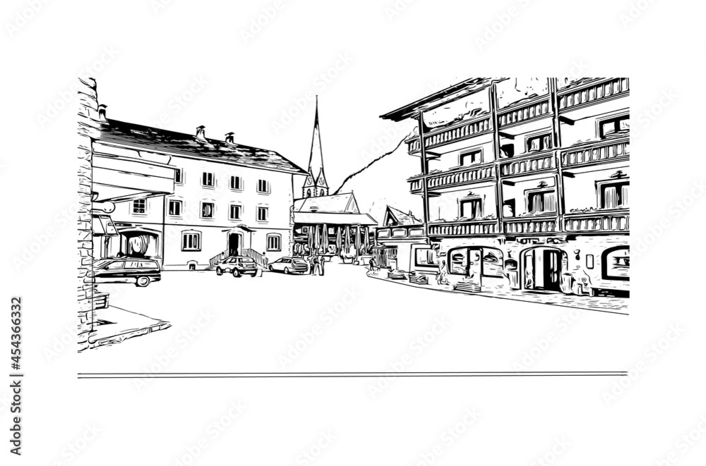 Building view with landmark of Heiligenblut  is the 
municipality in Austria. Hand drawn sketch illustration in vector.