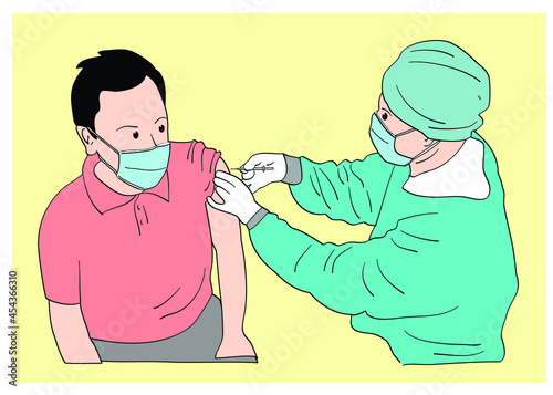 The process of injecting a covid vaccine in a man carried out by a doctor. Hand drawn style vector design illustrations.