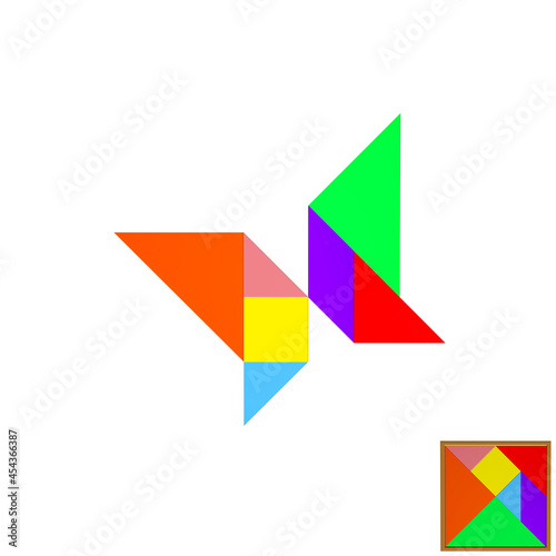 Colorful tangram puzzle with butterfly on white background，3D Rendering