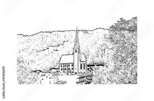 Building view with landmark of Heiligenblut  is the 
municipality in Austria. Hand drawn sketch illustration in vector.