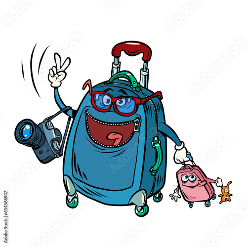 travel suitcase, father and daughter, tourist luggage for cruises and flights