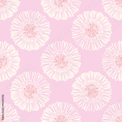 Modern abstract gerbera daisy flower seamless pattern background. Geometric repeat with monochrome pink pastel florals. Botanical lino print style backdrop design. Simple nature garden all over print