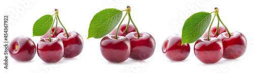 Collage of sweet cherry with leaves on white background