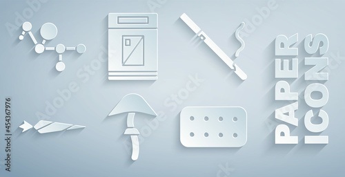 Set Psilocybin mushroom, Cigarette, Marijuana joint, Pills blister pack, Cigarettes box and Cannabis molecule icon. Vector